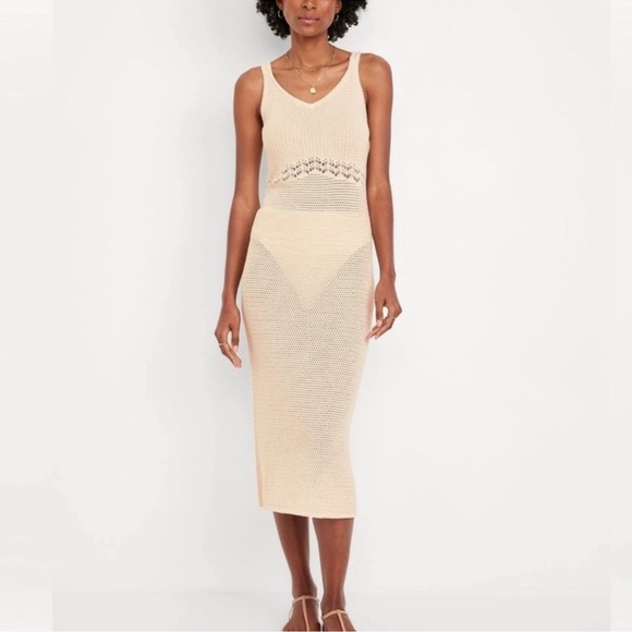 Old Navy Dresses & Skirts - OLD NAVY WOMENS CREAM KNIT CROCHET COVERUP MIDI DRESS LARGE